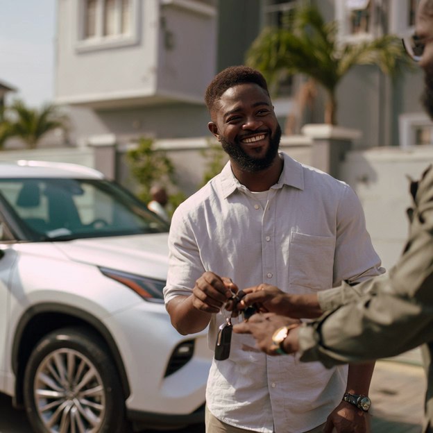 A customer smiling with the keys to his delivered car outside his home
